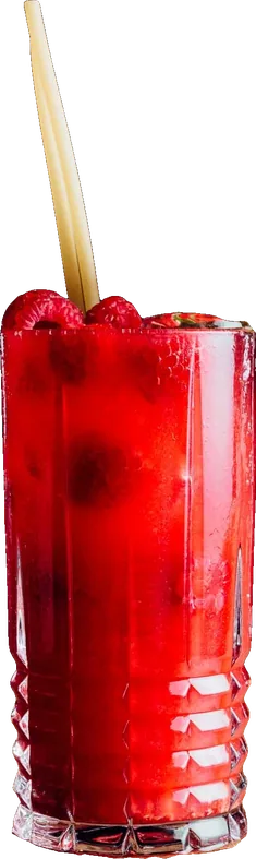 Hohes Glas mit roter Limonade, Himbeeren obenauf und zwei Halmen